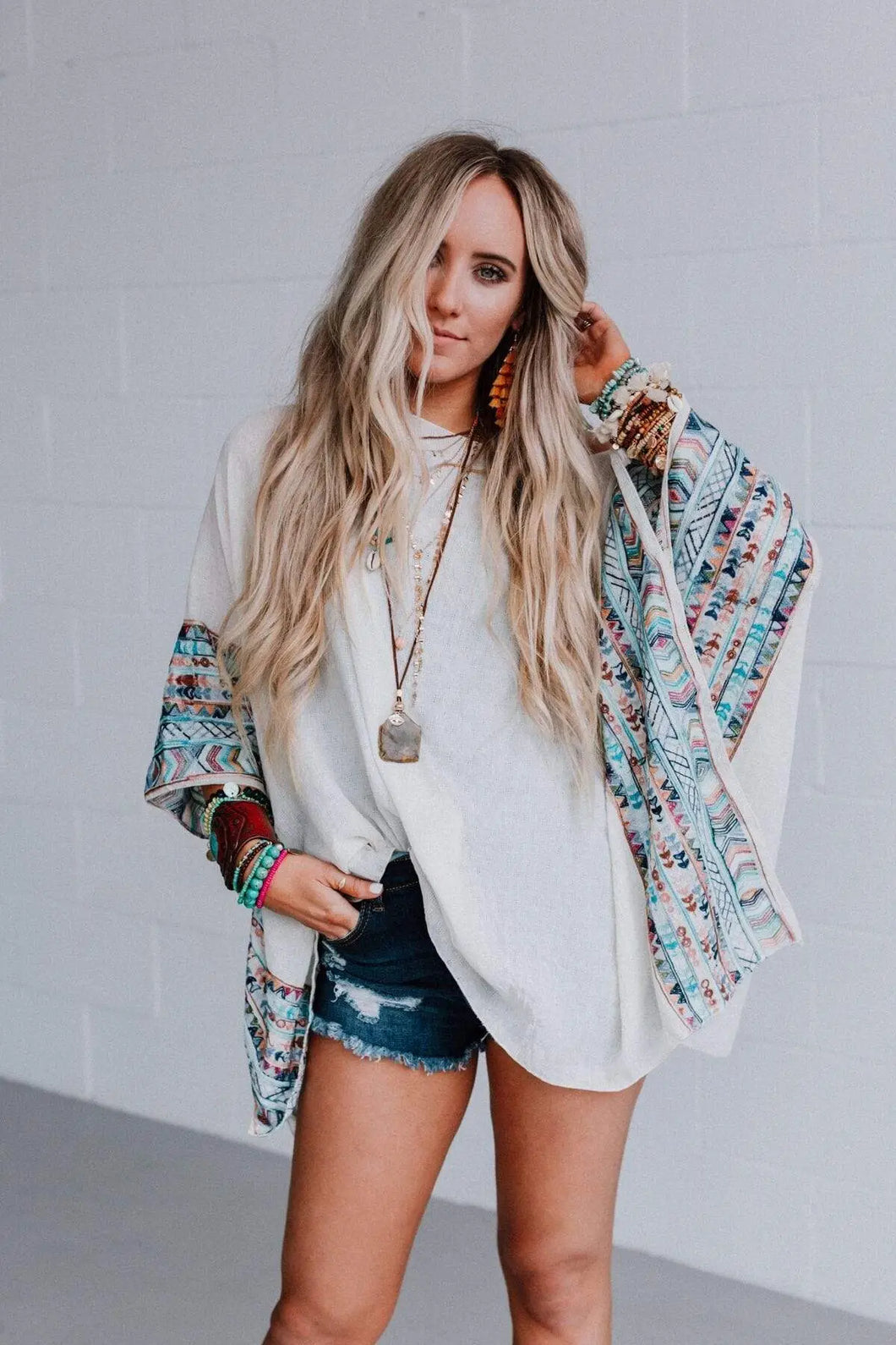 Fallon Embroidered Poncho- Ivory